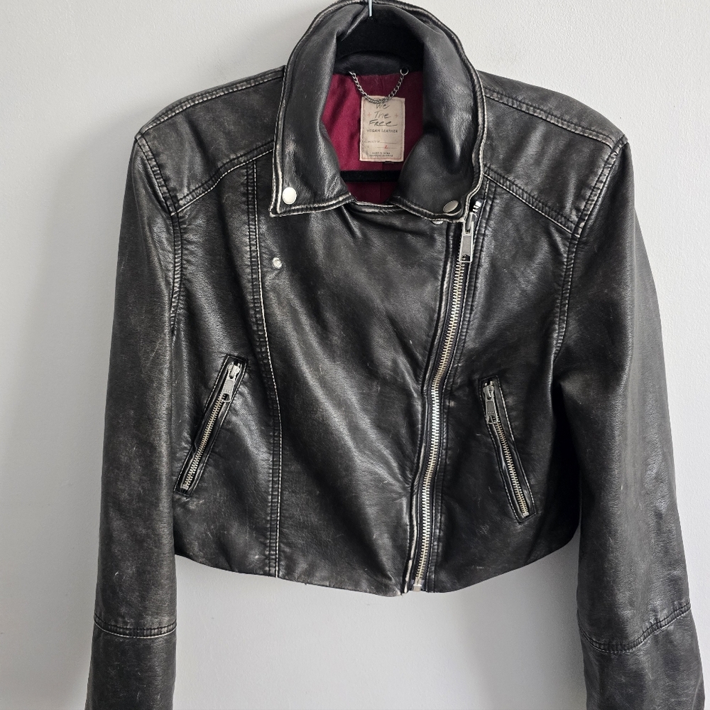 We The Free Black Distressed Women’s Faux Leather Moto Jacket Largd - Picture 4 of 9